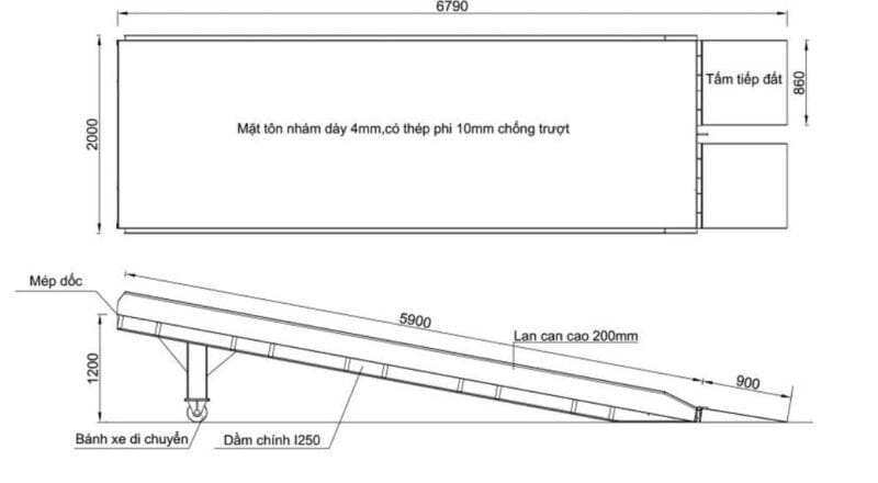 Bản vẽ cầu dẫn xe nâng lên container thể hiện chi tiết cấu tạo của thiết bị 